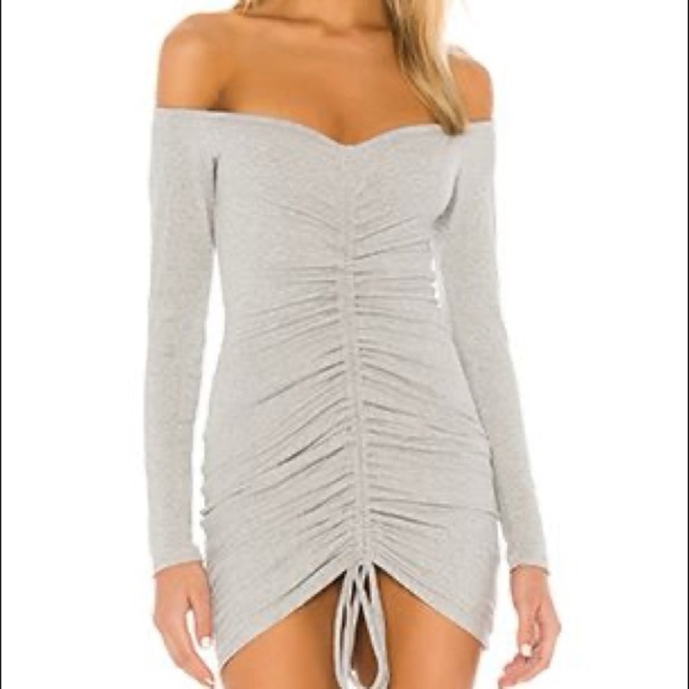 NWT ACOA Ruched Off-the-Shoulder Bell Sleeved Knit Grey Sweater Dress - Small